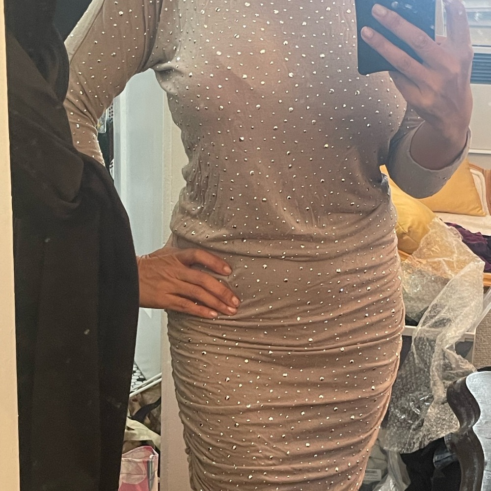 INC International Concepts Taupe/Silver Sparkles Bodycon Dress with ruching Sz M